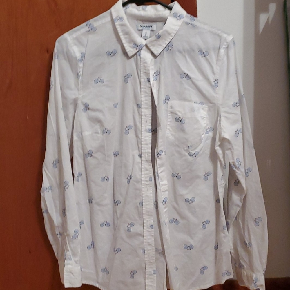White button down with blue bicycles